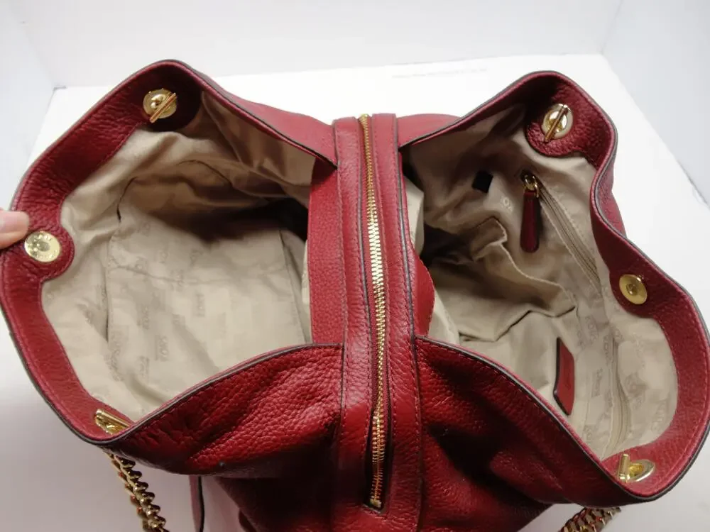 Michael Kors Shoulder Bag Womens Large Red Leather Studded Chain Purse Gold